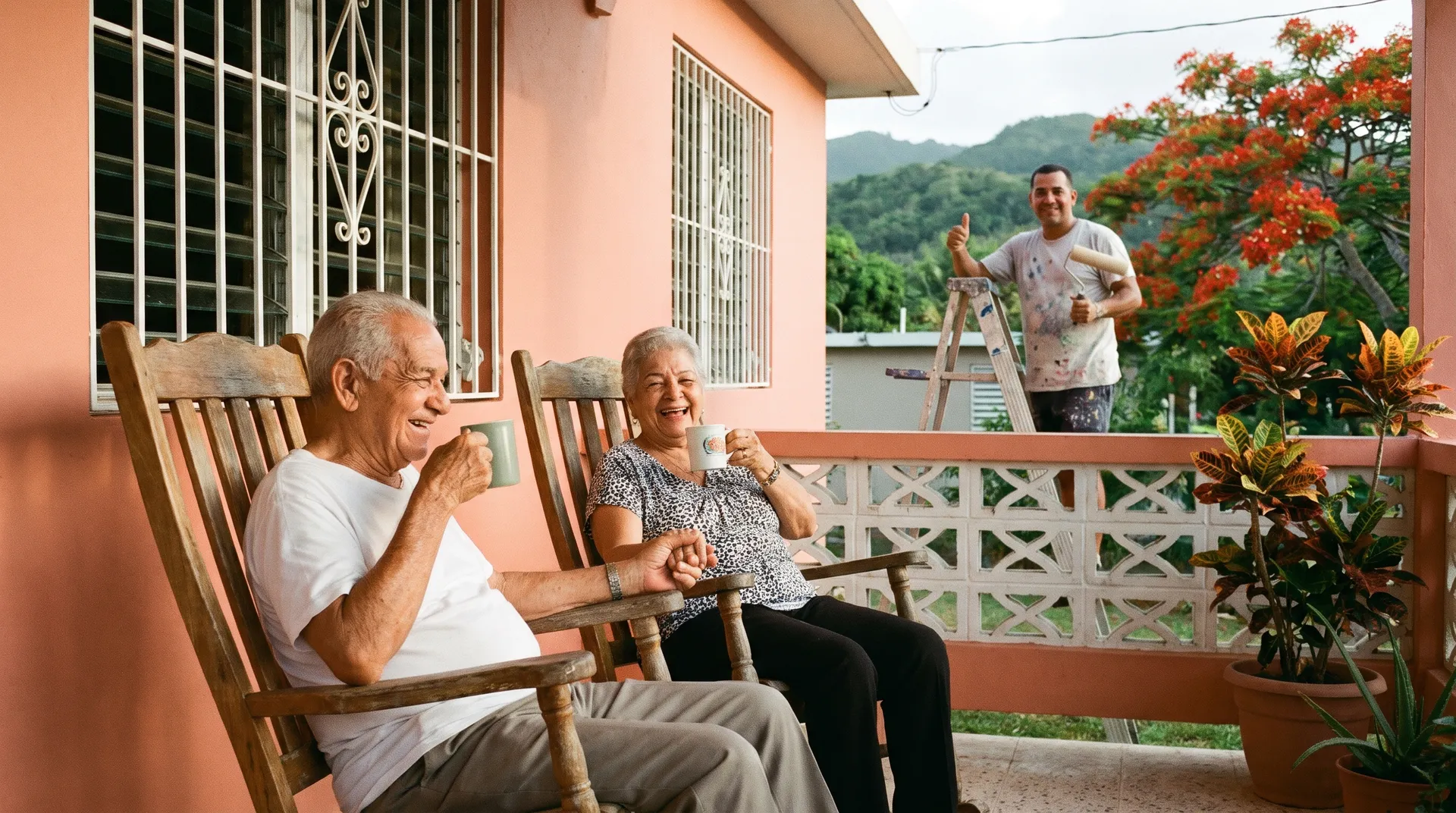 Una pareja de abuelos se ríe en sus sillones del balcón de su casa recién pintada