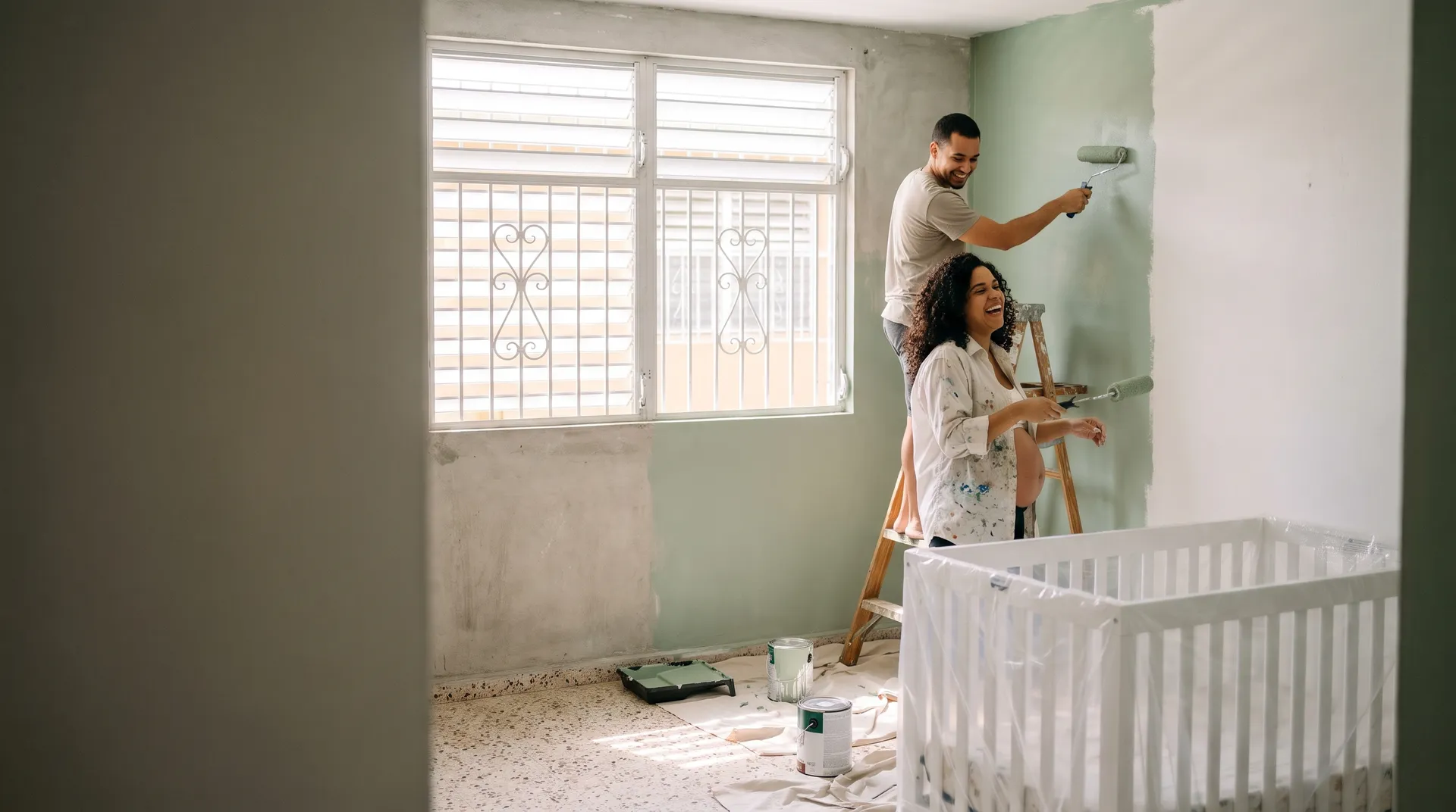 Una pareja pintando de verde salvia el cuarto de su bebé