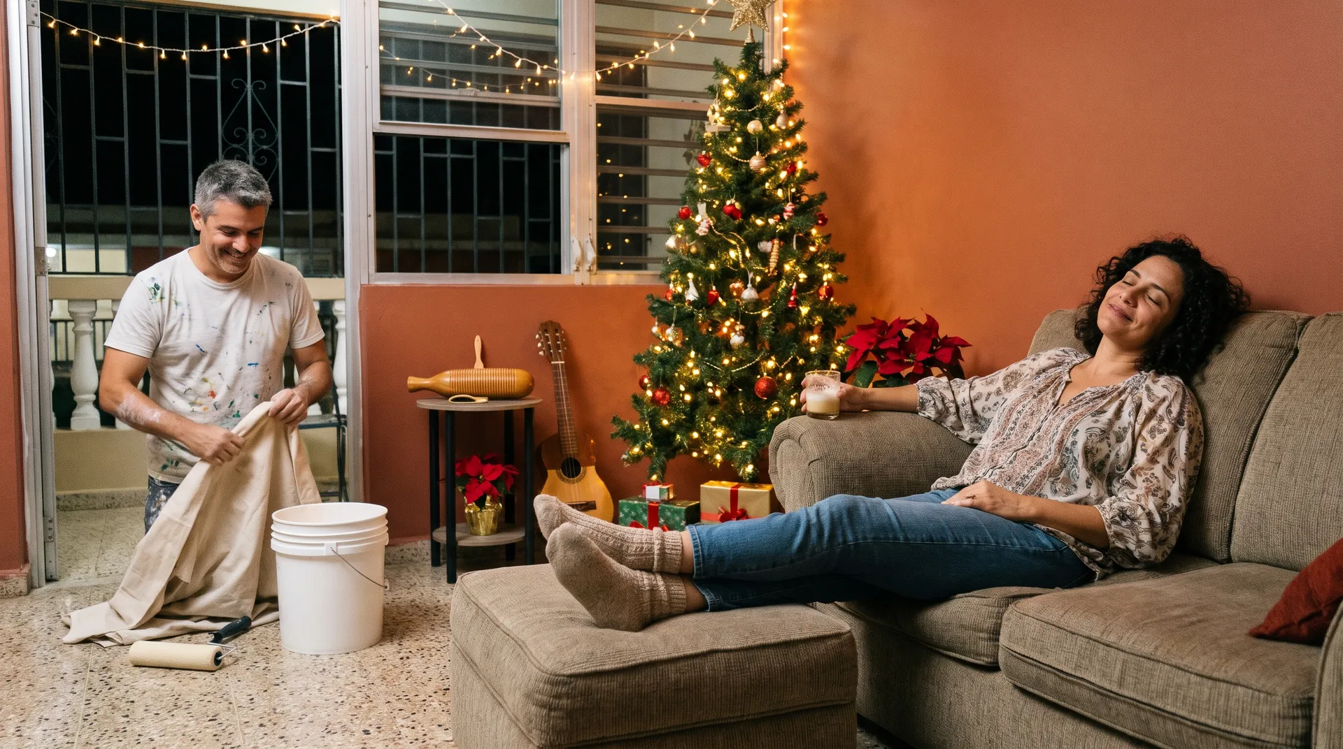Una madre descansa en el mueble de la sala recién pintada mientras su esposo recoge, con el árbol de Navidad prendido