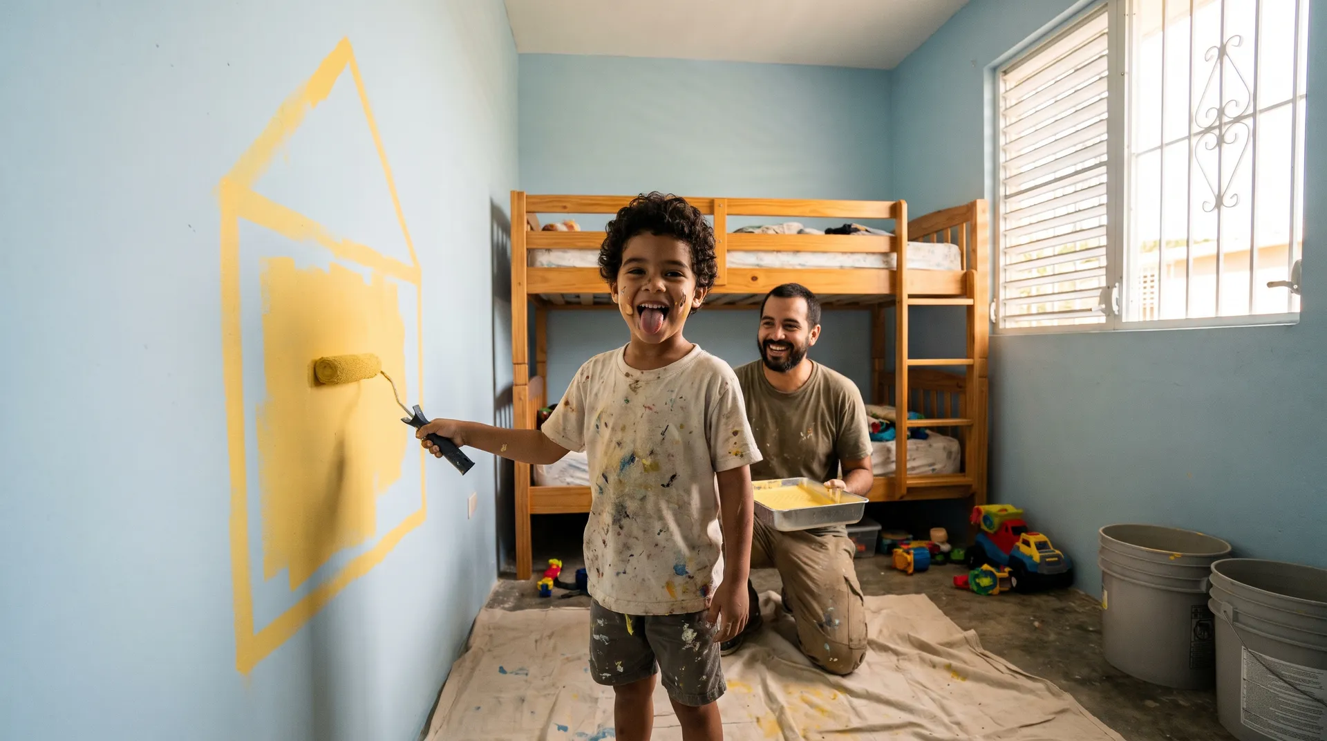Un niño pintando una casita amarilla en la pared azul de su cuarto con su papá